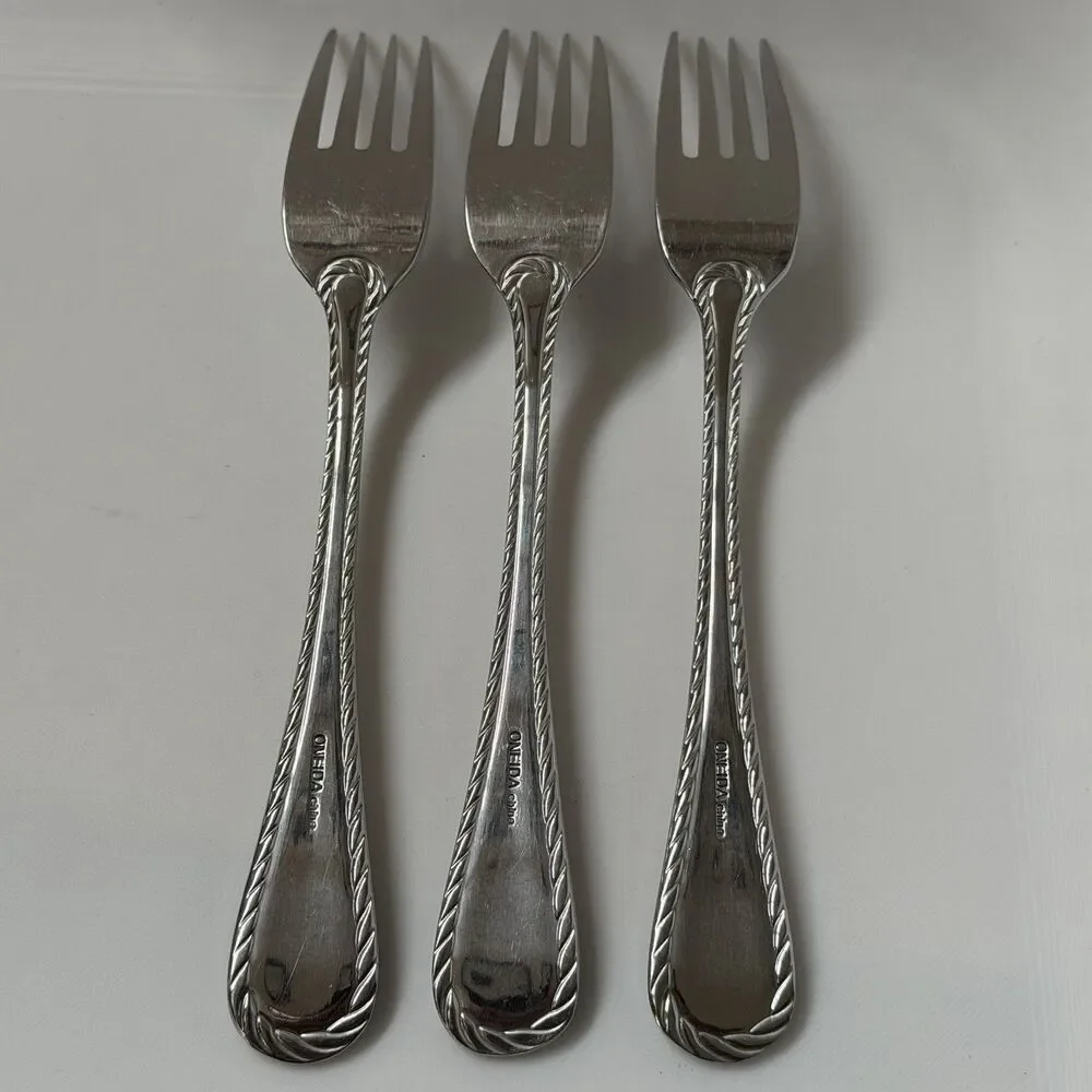 3pc Oneida Belmont-Lyons Salad Forks 7” Stainless Glossy Rope Edge China